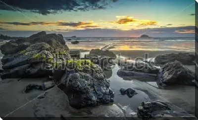 Картина маслом Впечатляющий закат на пляже Окленда со скалистыми валунами (Новая Зеландия)