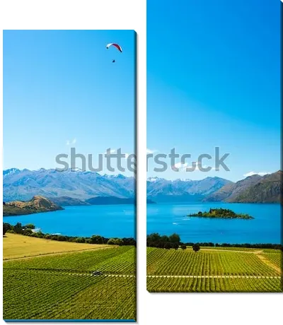 Модульная картина Великолепный пейзаж с парапланом над озером Ванака и виноградниками на фоне гор (Новая Зеландия)