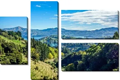 Модульная картина Впечатляющий пейзаж с горными долинами, лесами и холмами в ясный солнечный день (Новая Зеландия)