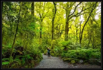 Картина Путешественник в густом лесу с высокими древовидными папоротниками в Национальном парке Милфорд-Саунд (Новая Зеландия)