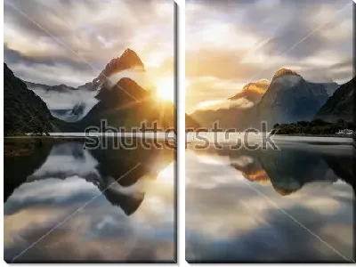 Красивый восход солнца над пиком Митре в бухте Милфорд-Саунд (Новая Зеландия)