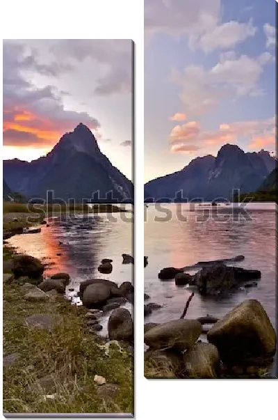 Модульная картина Пейзаж с красивым закатом над пиком Митре в бухте Милфорд-Саунд (Новая Зеландия)