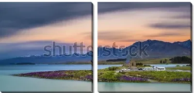 Модульная картина Весенний пейзаж с видом на церковь Доброго Пастыря на озере Текапо и горные хребты (Южный остров, Новая Зеландия)