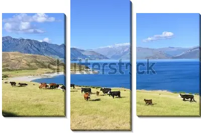 Модульная картина Красивый атмосферный пейзаж с пасущимися коровами на берегу озера Ванака на фоне величественных гор (Новая Зеландия)