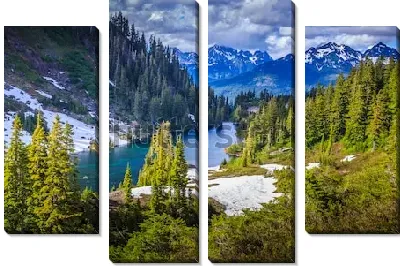 Модульная картина Фантастический пейзаж со снежными вершинами, хвойными лесами и горной рекой в Национальном  парке Глейшер (США, штат Монтана)
