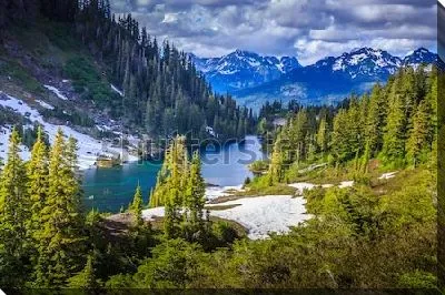 Картина маслом Фантастический пейзаж со снежными вершинами, хвойными лесами и горной рекой в Национальном  парке Глейшер (США, штат Монтана)