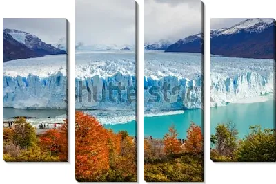 Завораживающий пейзаж с ледником Перито-Морено в Национальном парке Лос-Гласиарес на фоне осеннего леса и скалистых гор на дальнем плане (Аргентина)