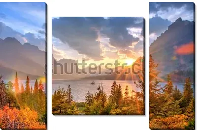 Модульная картина Удивительный рассвет над озером Святой Марии в окружении величественных скал и хвойного леса в Национальном парке Глейшер (США, штат Монтана)