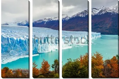 Великолепный пейзаж с ледником Перито-Морено в окружении заснеженных гор и осеннего леса в Национальном парке Лос-Гласиарес (Аргентина)