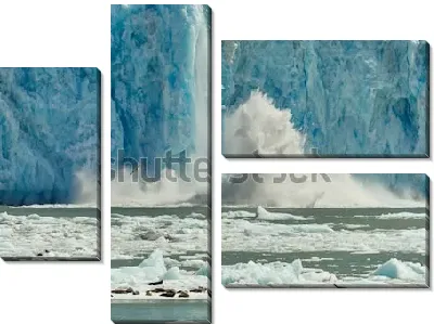 Морские тюлени на льдине на фоне огромного тающего ледника