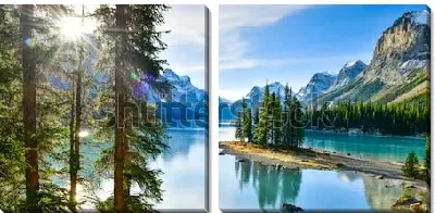 Модульная картина Потрясающая панорама долины озера Малайн с хвойными лесами и заснеженными скалами вдоль берегов в Национальном парке Джаспер (Канада)