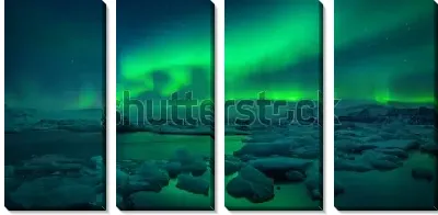 Модульная картина Сине-зелёное северное сияние над Ледниковой лагуной Йокульсарлон (Исландия)