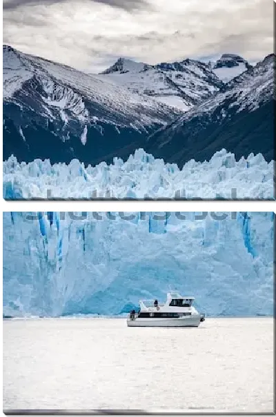 Модульная картина Туристический катер на фоне огромного ледника Перито-Морено и заснеженных вершин Анд (Аргентина)