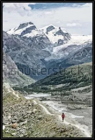 Картина Великолепный пейзаж с заснеженными скалами, ледником и горной долиной в швейцарском кантоне Вале