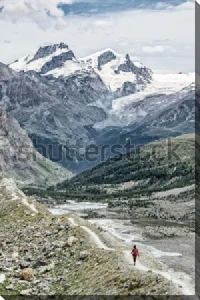 Картина маслом Великолепный пейзаж с заснеженными скалами, ледником и горной долиной в швейцарском кантоне Вале