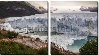 Деревянные мостки перед огромной стеной ледника Перито-Морено в Национальном парке Аргентины