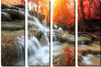 Модульная картина Каскадный водопад Хуай Мае Камин в осеннем багряно-золотом лесу (Таиланд)