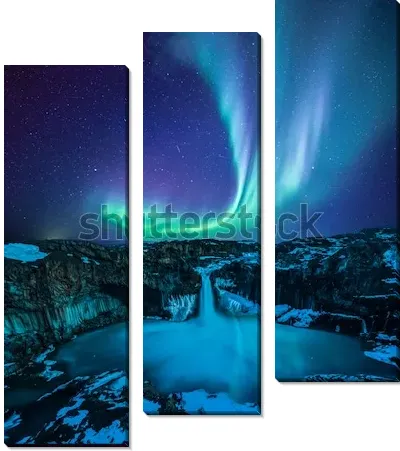 Модульная картина Сказочный пейзаж с северным сиянием над водопадом Альдейярфосс (Исландия)