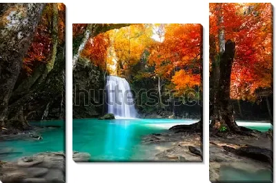 Модульная картина Сказочный пейзаж с водопадом и голубым озером в осеннем лесу