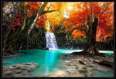 Картина Сказочный пейзаж с водопадом и голубым озером в осеннем лесу