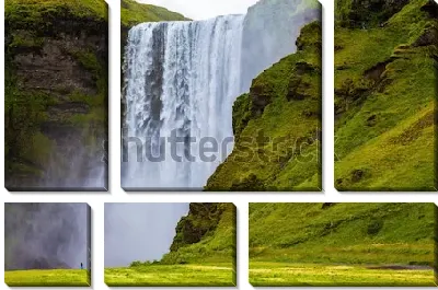 Модульная картина Величественный водопад Скоугафосс и заросшие мхом скалы (Исландии)