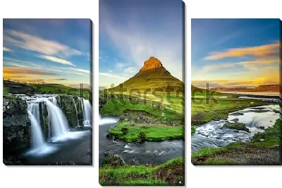 Модульная картина Великолепный летний пейзаж с водопадами, золотыми облаками и величественной горой Киркьюфетль (Исландия)