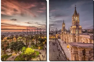 Модульная картина Красочный закат над дворцом и зелёным сквером в Арекипе (Перу)