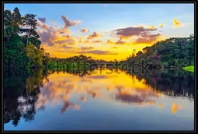 Волшебный закат в тропическом лесу с озером в Национальном парке Ясуни (Эквадор)