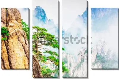 Модульная картина Сказочный пейзаж каньона Хуаншань с живописными соснами на жёлтых гранитных скалах под облаками (Китай)