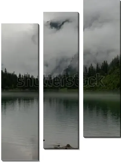 Модульная картина Мистический пейзаж с густым туманом над хвойным лесом у озера