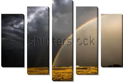 Модульная картина Великолепный пейзаж с радугой над жёлтым полем после грозы