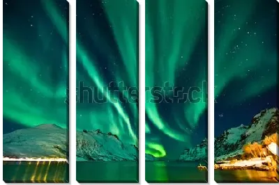 Модульная картина Фантастический пейзаж с переливами северного сияния над снежными горами в Тромсё (Норвегия)