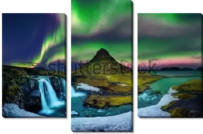 Модульная картина Северное сияние над водопадами и горной долиной Киркьюфетль (Исландия)