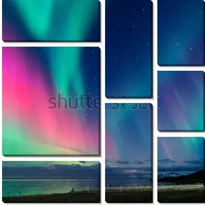 Модульная картина Фантастическое красочное северное сияние в звёздном небе над Исландией