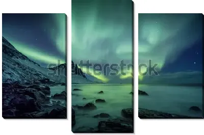Модульная картина Удивительный пейзаж с северным сиянием над мысом Стокснес (Исландия)