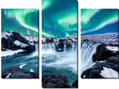 Модульная картина Фантастическое северное сияние над водопадом Годафосс (Исландия)
