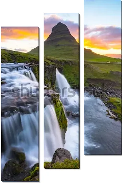 Модульная картина Великолепный пейзаж с закатом над горой Киркьюфетль и долиной с водопадами (Исландия)
