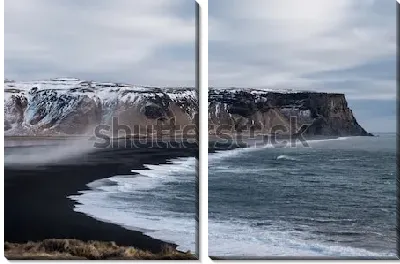 Модульная картина Суровый великолепный пейзаж с прибоем на пляже с чёрным песком на фоне горных хребтов (Исландия)
