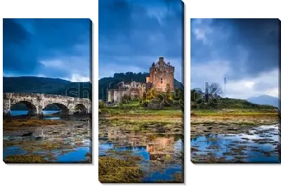 Модульная картина Замок Эйлен-Донан с арочным мостом через реку на фоне хмурого неба (Шотландия)