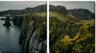 Модульная картина Скалы на берегу моря с зелёным и оранжевым мхом на острове Скай (Шотландия)