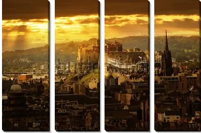 Модульная картина Панорама Эдинбурга в золотых лучах восходящего солнца с видом на Эдинбургский замок (Шотландия)