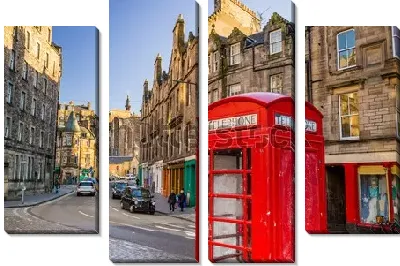Модульная картина Уютная улочка в исторической части Эдинбурга с красной телефонной будкой (Шотландия)