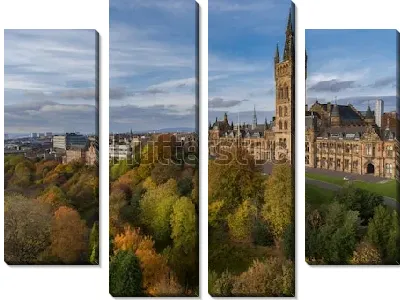 Модульная картина Осенний пейзаж с красивыми кронами деревьев и зданием Университета в Глазго