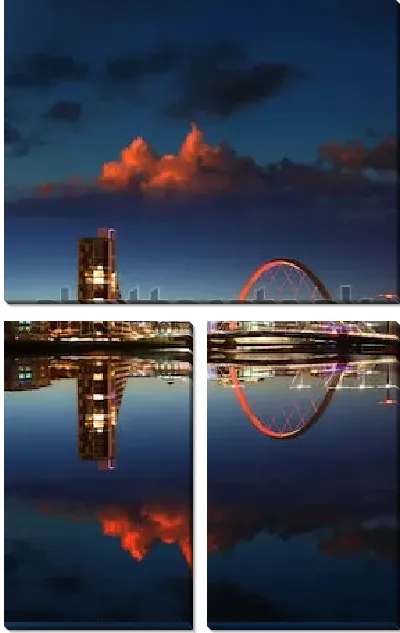 Модульная картина Великолепный футуристический утренний пейзаж с красивым облаком над полукруглым мостом через реку Клайд в Глазго (Шотландия)