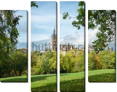 Модульная картина Живописный вид на башню Университета Глазго со стороны зелёного парка Келвингроув в солнечный осенний день