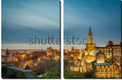 Модульная картина Вечерняя панорама Глазго с красиво подсвеченным Кафедральным собором