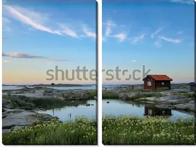 Модульная картина Удивительный пейзаж с красным домом на скалистых шхерах в Стокгольмском архипелаге (Швеция)