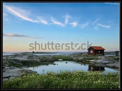 Картина Удивительный пейзаж с красным домом на скалистых шхерах в Стокгольмском архипелаге (Швеция)