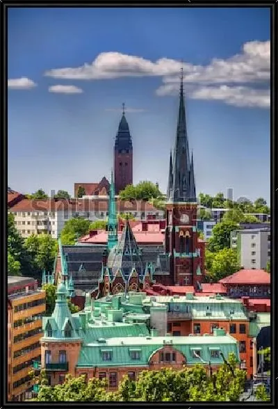 Картина Великолепный городской пейзаж Гётеборга с разноцветными крышами и башнями соборов (Швеция)