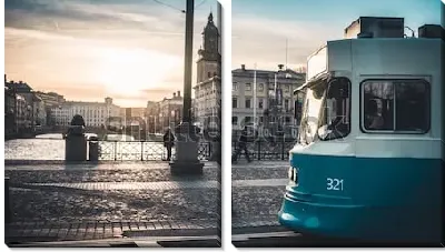 Модульная картина Красивый вечерний пейзаж Гётеборга на закате с трамваем